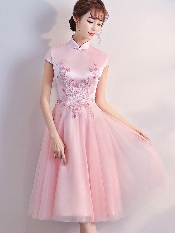 Pink Appliques Bridesmaids Qipao / Cheongsam Tulle Wedding Dress