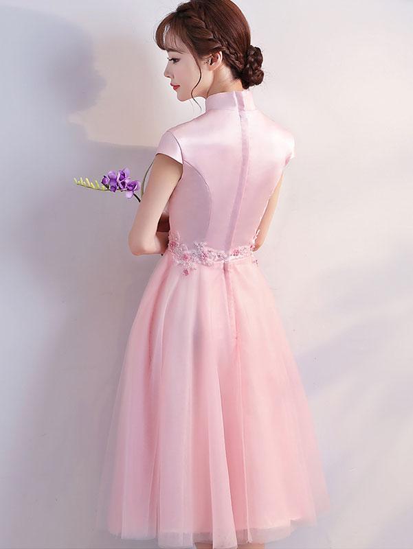 Pink Appliques Bridesmaids Qipao / Cheongsam Tulle Wedding Dress