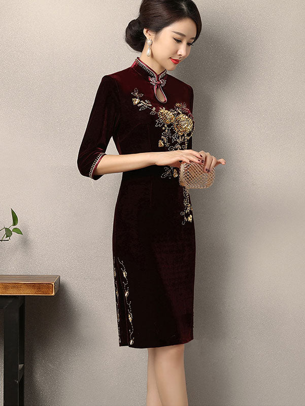 Mothers Velvet Mid Qi Pao Cheongsam Dress with Beaded Floral