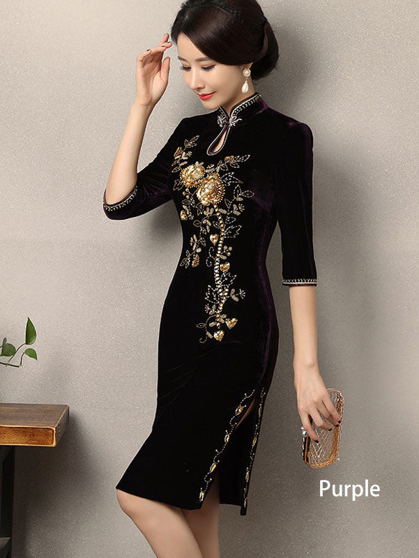 Mothers Velvet Mid Qi Pao Cheongsam Dress with Beaded Floral