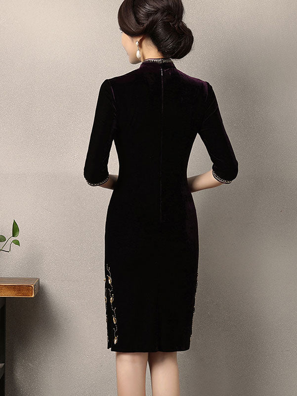 Mothers Velvet Mid Qi Pao Cheongsam Dress with Beaded Floral