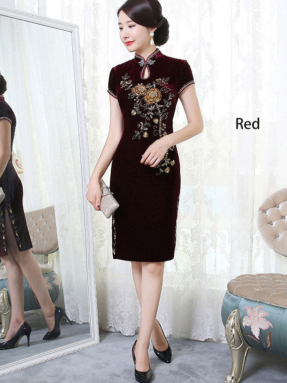Mothers Velvet Mid Qi Pao Cheongsam Dress with Beaded Floral