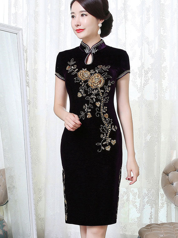 Mothers Velvet Mid Qi Pao Cheongsam Dress with Beaded Floral