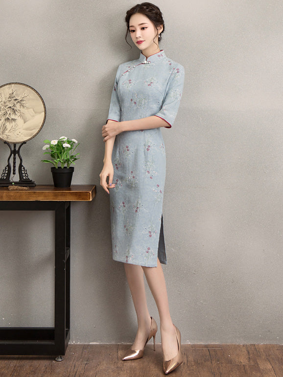 Blue Jacquard Linen Qipao / Cheongsam Dress - IMALLURE