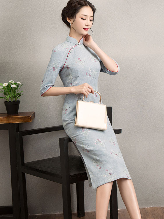 Blue Jacquard Linen Qipao / Cheongsam Dress