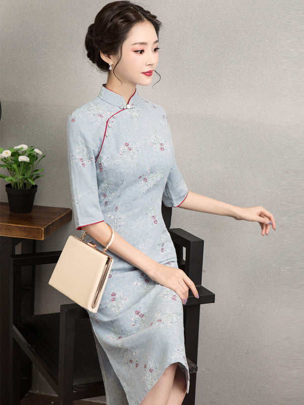 Blue Jacquard Linen Qipao / Cheongsam Dress