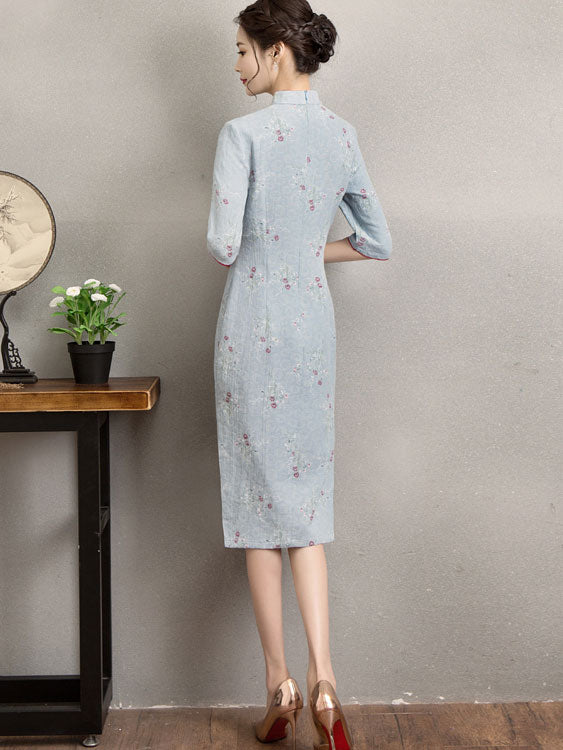 Blue Jacquard Linen Qipao / Cheongsam Dress