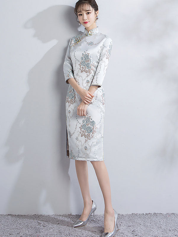 Woven Floral Midi Qipao / Cheongsam Party Dress for Winter