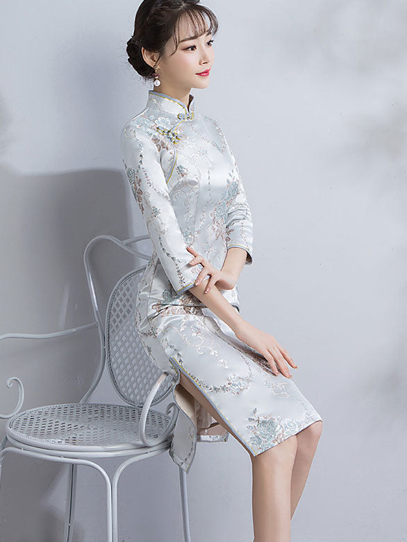 Woven Floral Midi Qipao / Cheongsam Party Dress for Winter