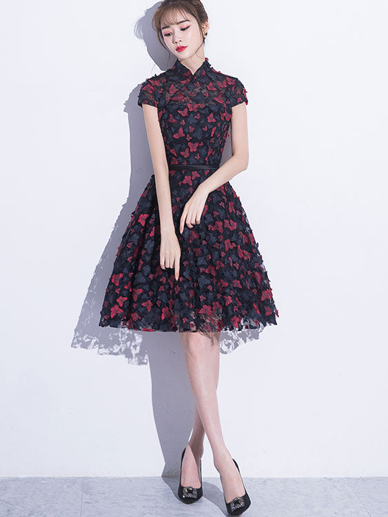 Blue A-line Qipao Cheongsam Party Dress with Butterfly Appliques
