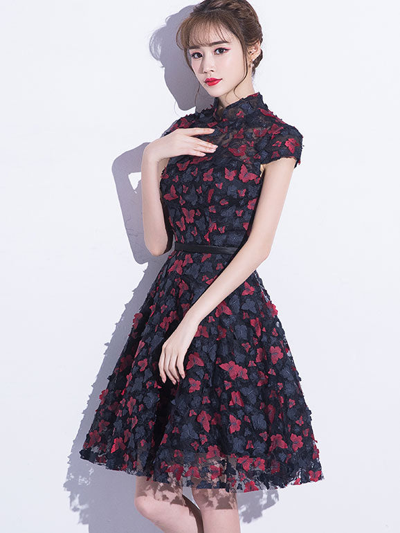 Blue A-line Qipao Cheongsam Party Dress with Butterfly Appliques