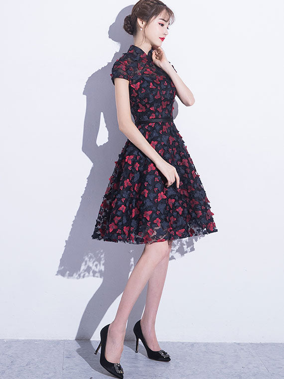 Blue A-line Qipao Cheongsam Party Dress with Butterfly Appliques