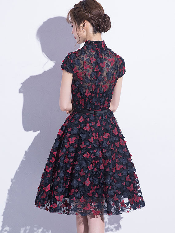 Blue A-line Qipao Cheongsam Party Dress with Butterfly Appliques