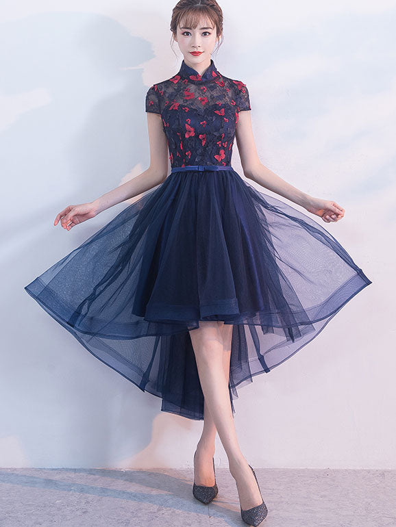 Blue A-line Qipao Cheongsam Dress with Dip Hem