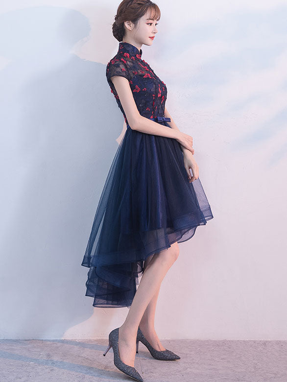 Blue A-line Qipao Cheongsam Dress with Dip Hem