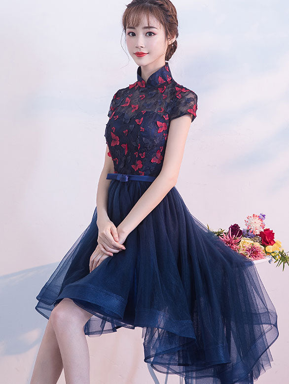 Blue A-line Qipao Cheongsam Dress with Dip Hem