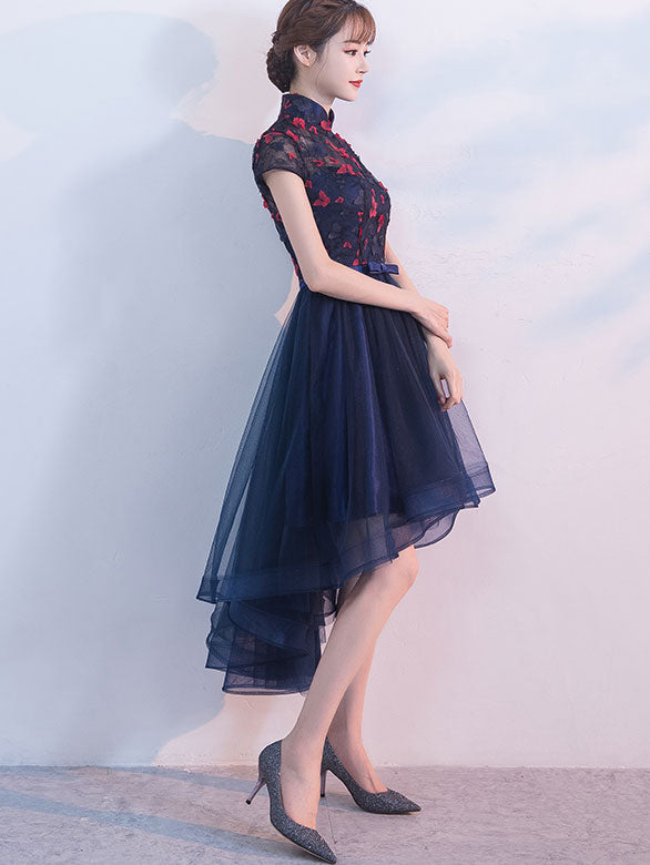 Blue A-line Qipao Cheongsam Dress with Dip Hem