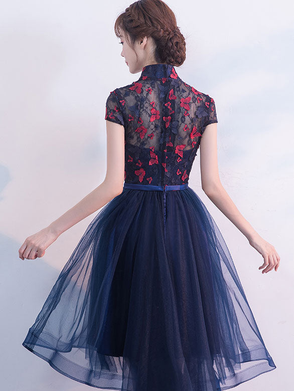 Blue A-line Qipao Cheongsam Dress with Dip Hem