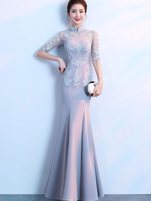 Gray Floor Length Fishtail Qipao /Cheongsam Evening Dress