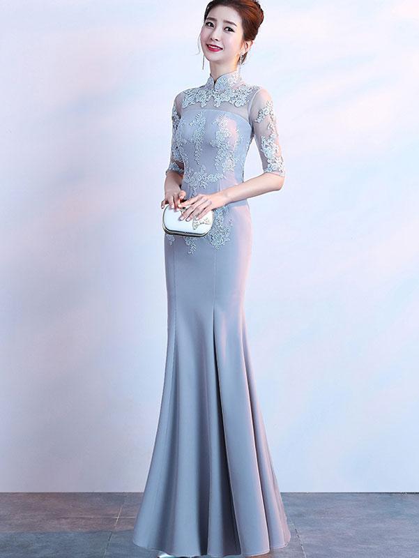 Gray Floor Length Fishtail Qipao /Cheongsam Evening Dress