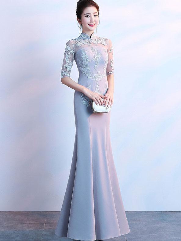 Gray Floor Length Fishtail Qipao /Cheongsam Evening Dress