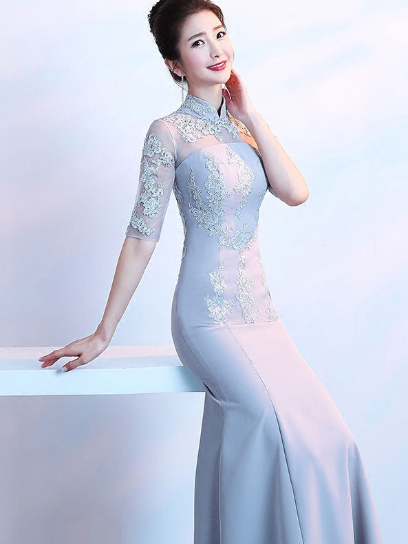 Gray Floor Length Fishtail Qipao /Cheongsam Evening Dress