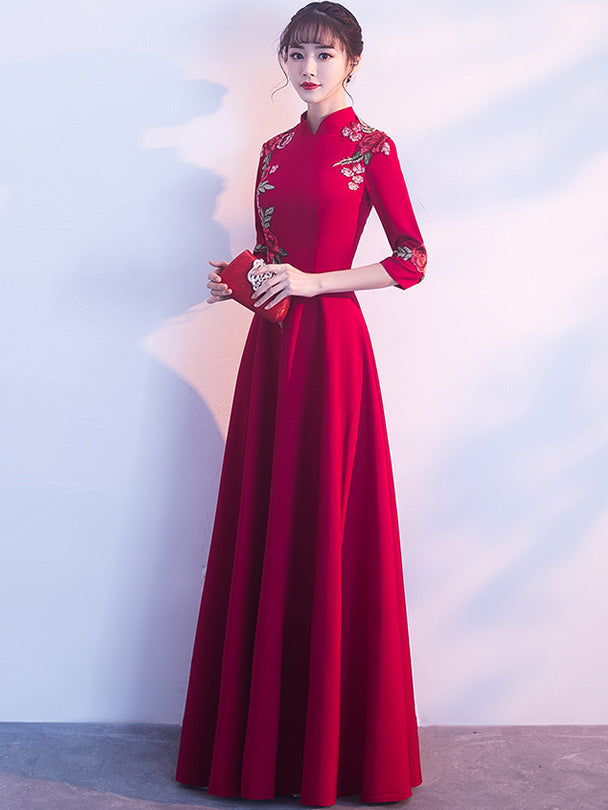 Wine Red Floor-Length Embroidered Qipao / Cheongsam Dress