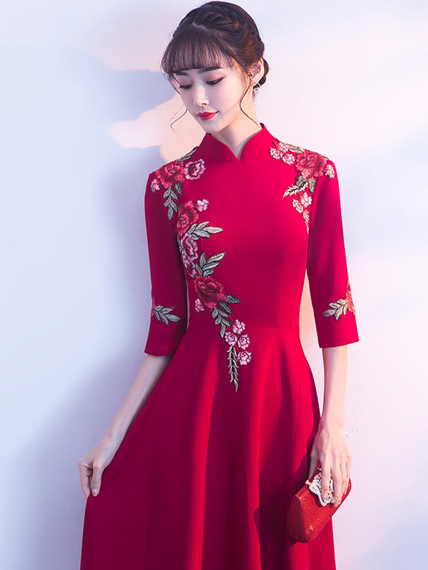 Wine Red Floor-Length Embroidered Qipao / Cheongsam Dress