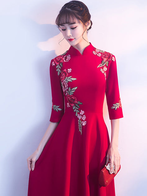 Wine Red Floor-Length Embroidered Qipao / Cheongsam Dress - IMALLURE ...