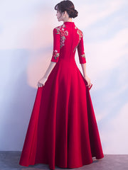 Wine Red Floor-Length Embroidered Qipao / Cheongsam Dress