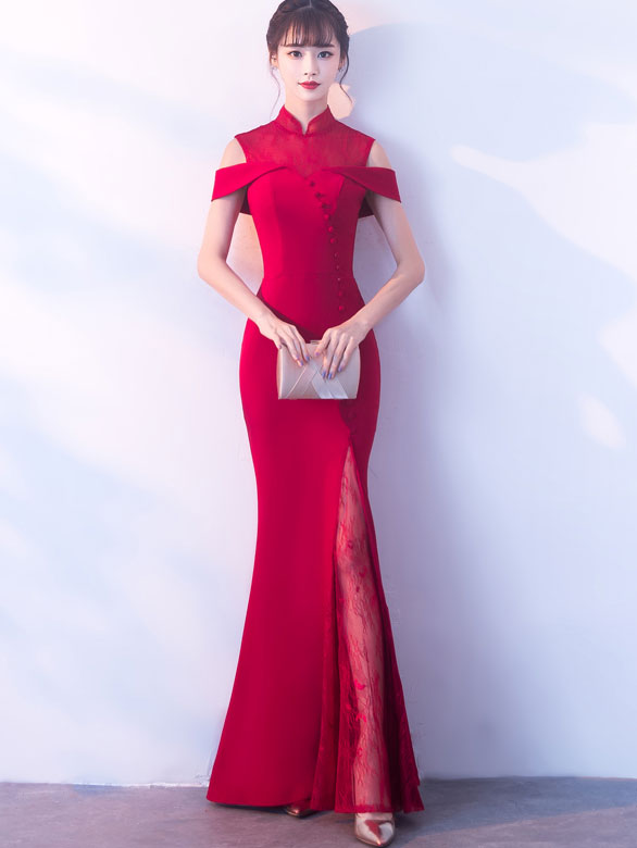 Wine Red Cold Shoulder Fishtail Qipao / Cheongsam Wedding Dress
