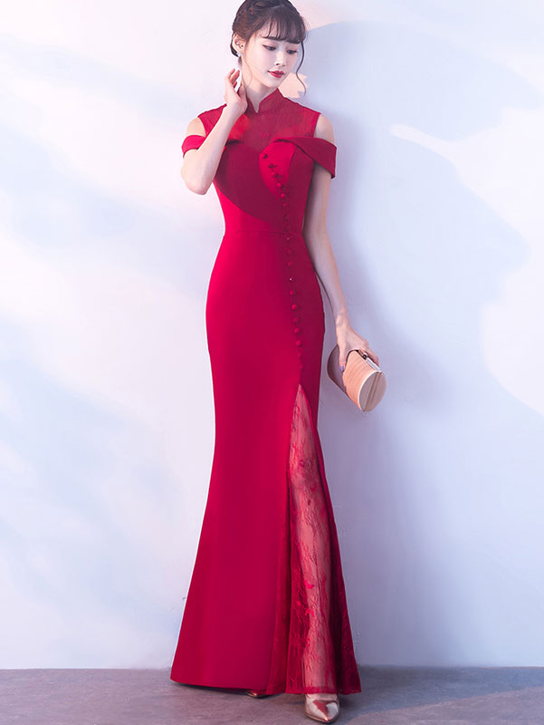 Wine Red Cold Shoulder Fishtail Qipao / Cheongsam Wedding Dress