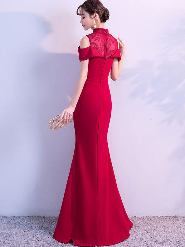 Wine Red Cold Shoulder Fishtail Qipao / Cheongsam Wedding Dress
