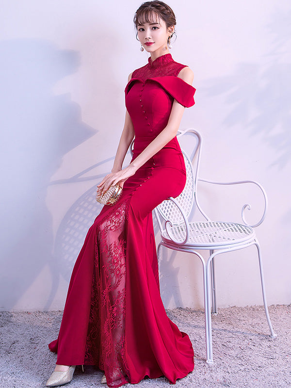 Wine Red Cold Shoulder Fishtail Qipao / Cheongsam Wedding Dress