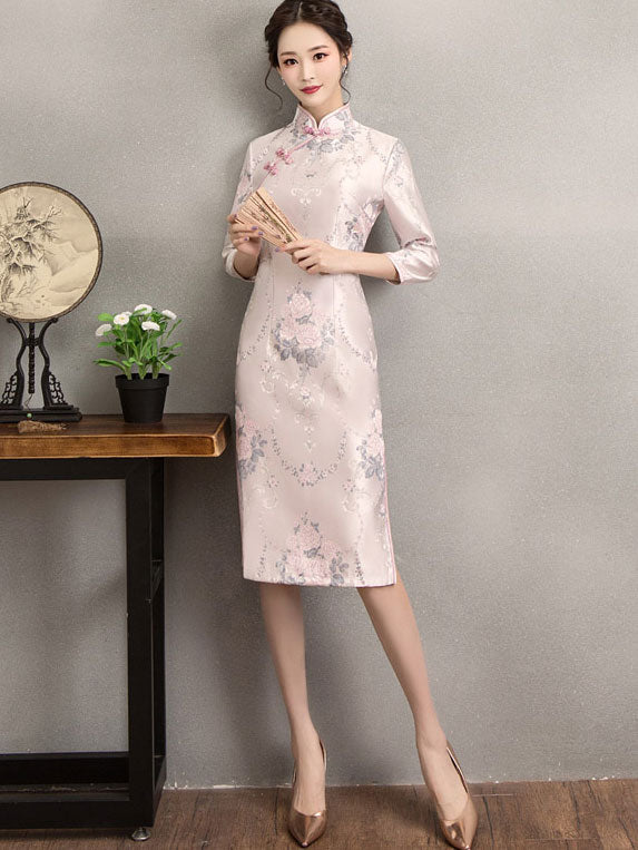 Pink Woven Floral Midi Qipao / Cheongsam Party Dress for Winter
