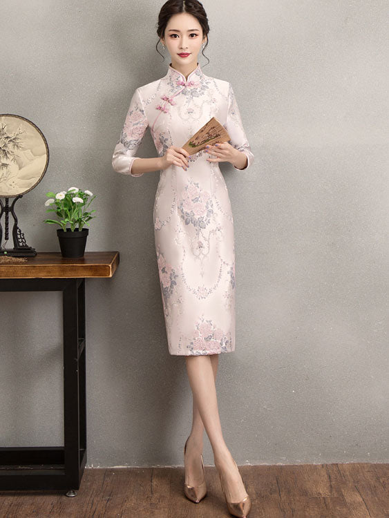 Pink Woven Floral Midi Qipao / Cheongsam Party Dress for Winter