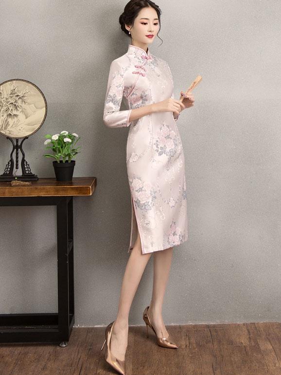 Pink Woven Floral Midi Qipao / Cheongsam Party Dress for Winter