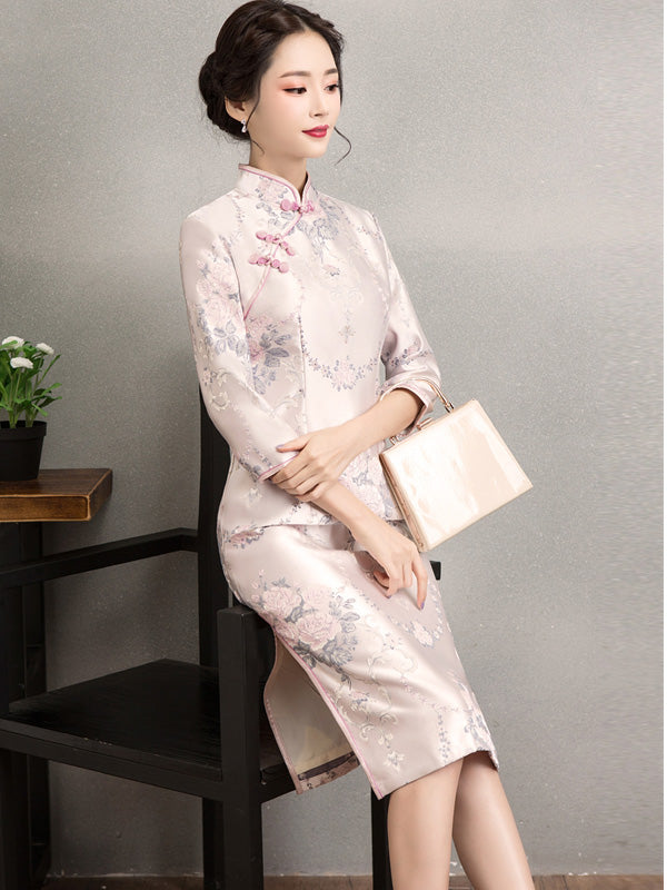 Pink Woven Floral Midi Qipao / Cheongsam Party Dress for Winter