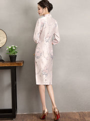 Pink Woven Floral Midi Qipao / Cheongsam Party Dress for Winter