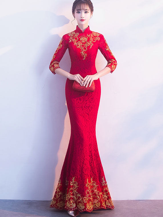 Wine Red Lace Floor Length Cheongsam / Qipao Wedding Dress