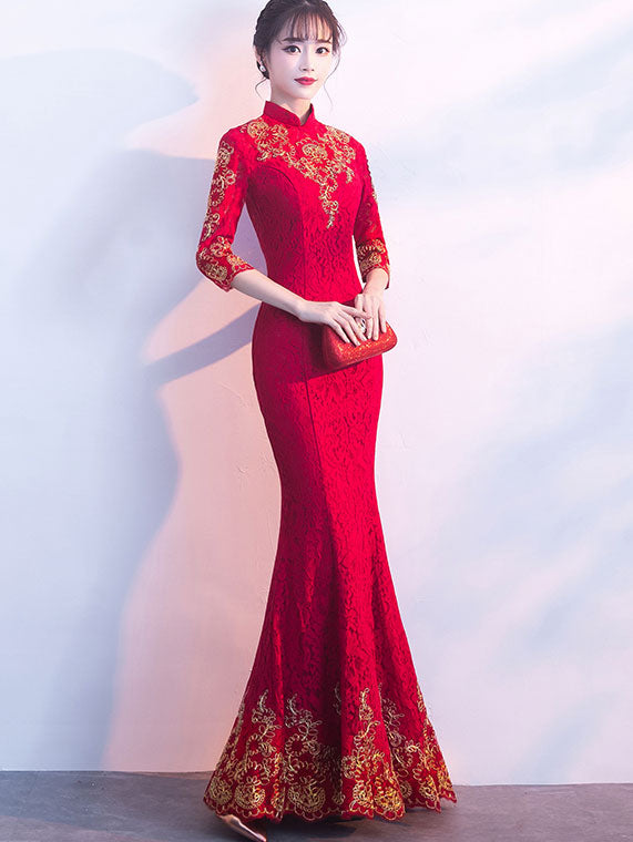 Wine Red Lace Floor Length Cheongsam / Qipao Wedding Dress