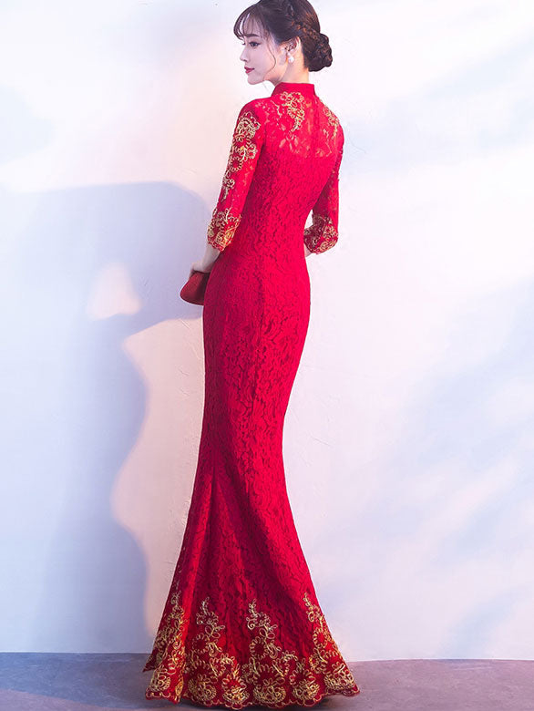 Wine Red Lace Floor Length Cheongsam / Qipao Wedding Dress