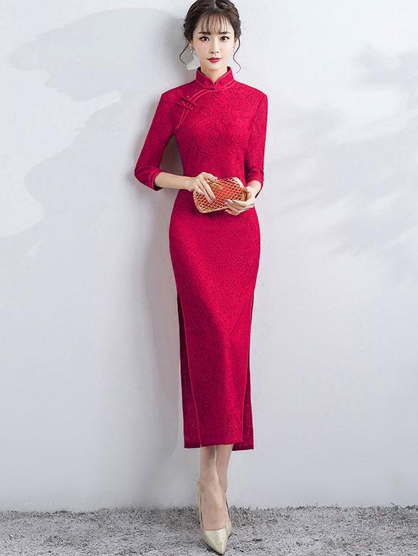 Red Lace Ankle-Length Qipao / Cheongsam Party Dress