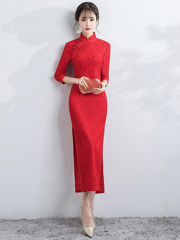 Red Lace Ankle-Length Qipao / Cheongsam Party Dress