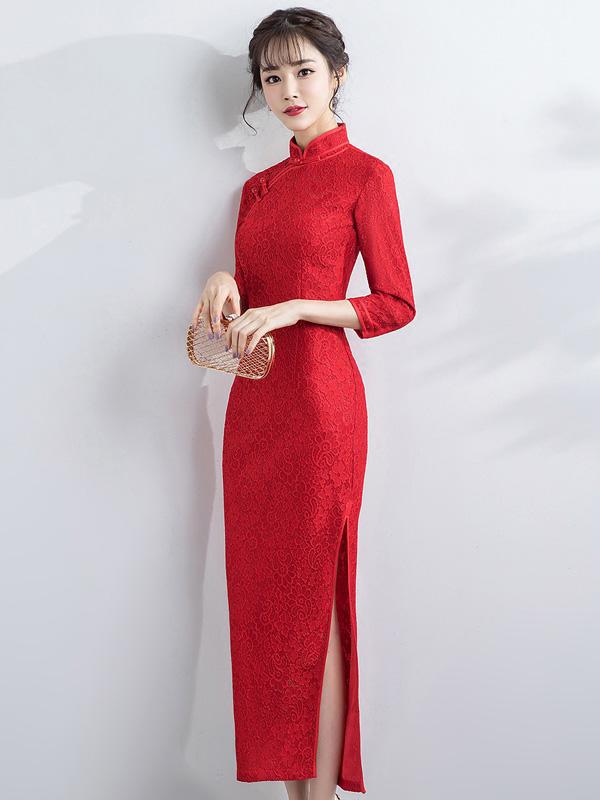 Red Lace Ankle-Length Qipao / Cheongsam Party Dress