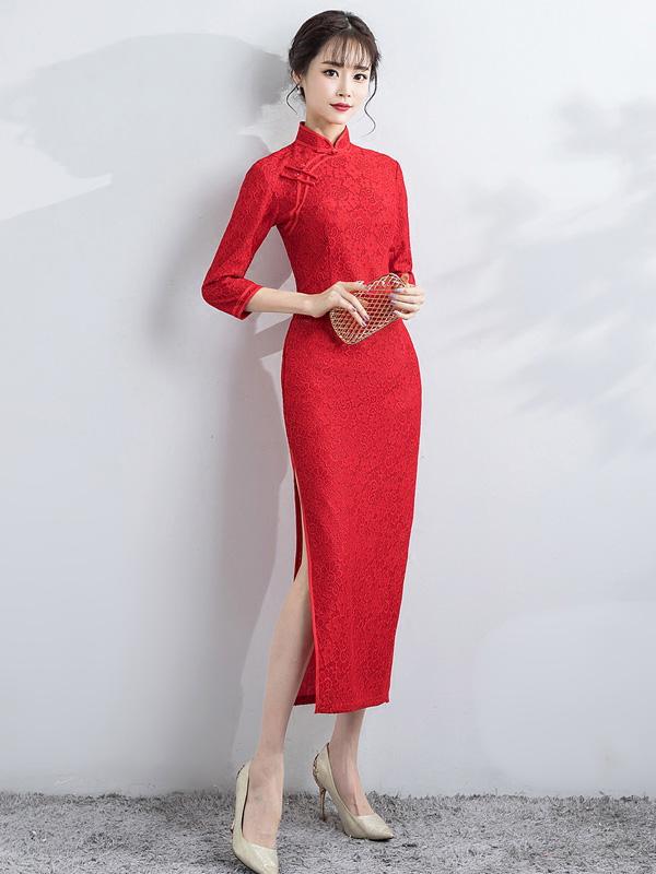 Red Lace Ankle-Length Qipao / Cheongsam Party Dress