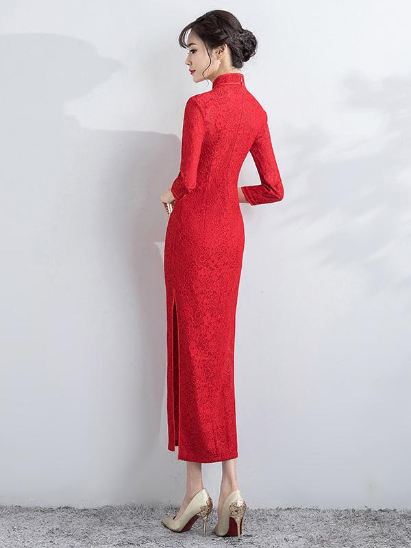 Red Lace Ankle-Length Qipao / Cheongsam Party Dress