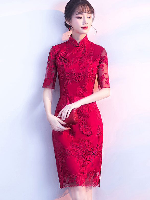 Red Embroidered Lace Short Qipao Cheongsam Wedding Dress