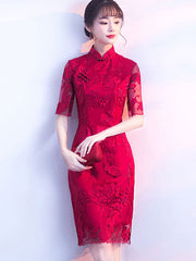Red Embroidered Lace Short Qipao / Cheongsam Wedding Dress