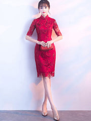 Red Embroidered Lace Short Qipao / Cheongsam Wedding Dress